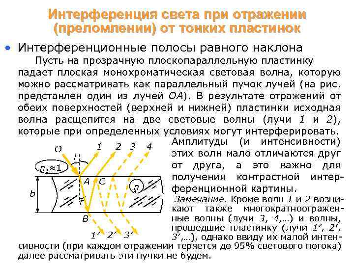 Интерференция света при отражении (преломлении) от тонких пластинок • Интерференционные полосы равного наклона Пусть