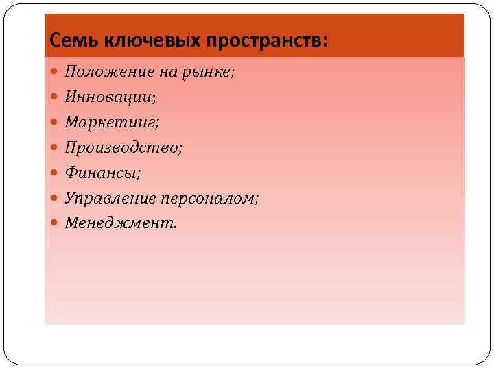 Семь ключевых пространств: Положение на рынке; Инновации; Маркетинг; Производство; Финансы; Управление персоналом; Менеджмент. 