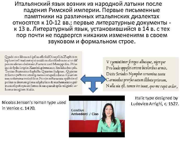 Итальянский язык возник из народной латыни после падения Римской империи. Первые письменные памятники на