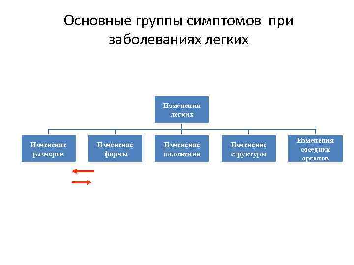 Основные группы симптомов при заболеваниях легких Изменения легких Изменение размеров Изменение формы Изменение положения