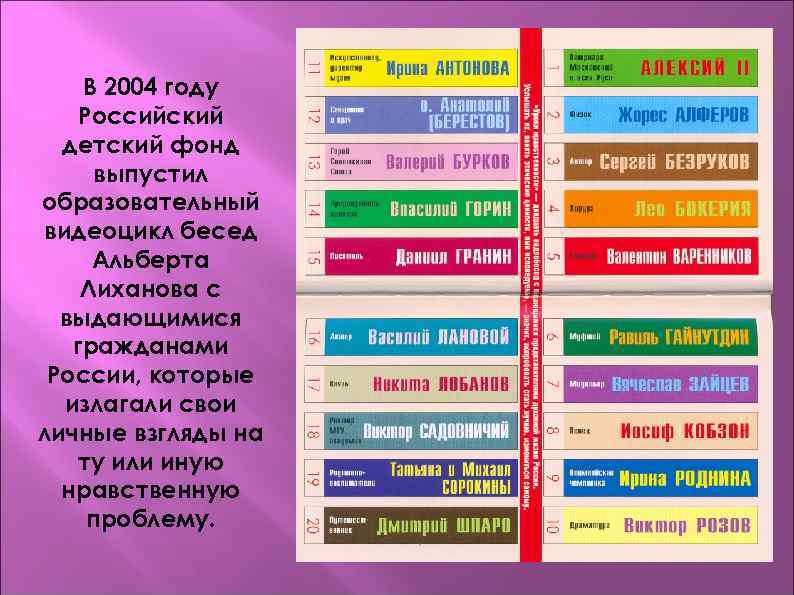 В 2004 году Российский детский фонд выпустил образовательный видеоцикл бесед Альберта Лиханова с выдающимися