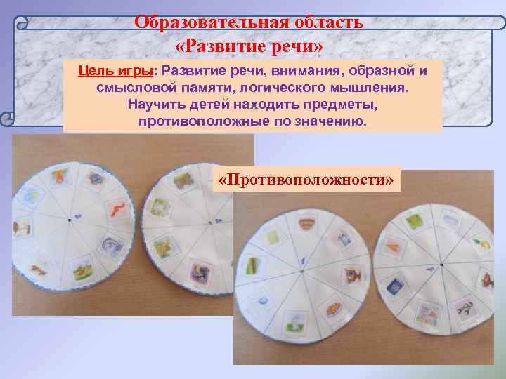   Образовательная область  «Развитие речи» Цель игры: Развитие речи, внимания, образной и