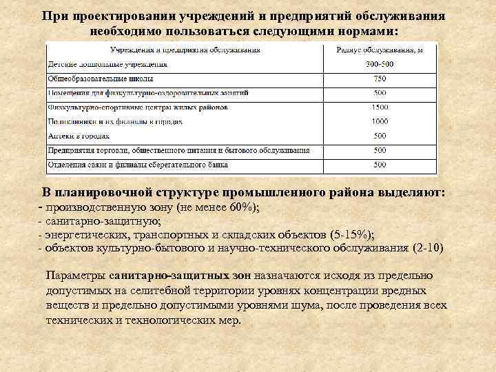 При проектировании учреждений и предприятий обслуживания  необходимо пользоваться следующими нормами:  В планировочной