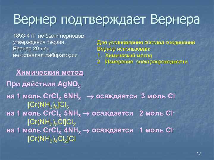 Вернер подтверждает Вернера 1893 -4 гг. не были периодом утверждения теории. Вернер 20 лет