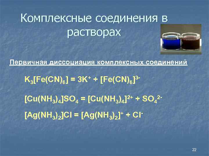 Комплексные соединения в растворах Первичная диссоциация комплексных соединений K 3[Fe(CN)6] = 3 K+ +