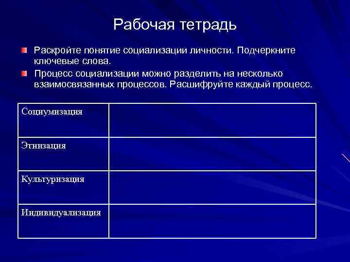     Рабочая тетрадь  Раскройте понятие социализации личности. Подчеркните  ключевые