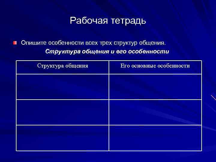     Рабочая тетрадь Опишите особенности всех трех структур общения.  