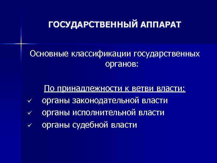  ГОСУДАРСТВЕННЫЙ АППАРАТ  Основные классификации государственных   органов:  По принадлежности к