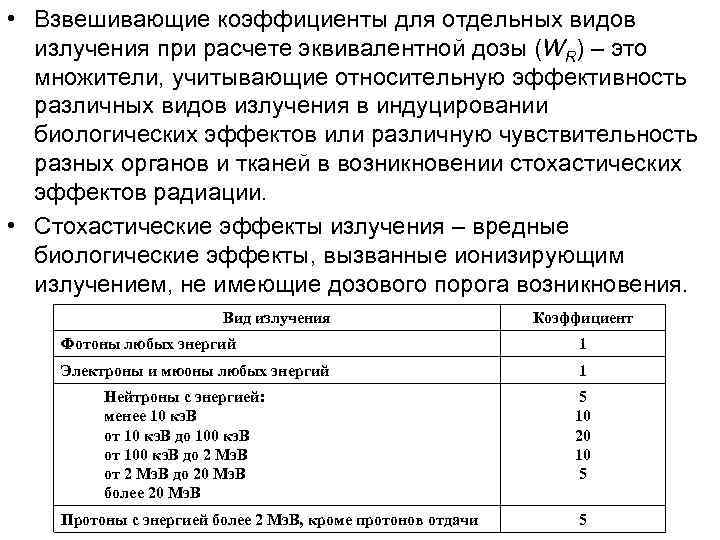  • Взвешивающие коэффициенты для отдельных видов  излучения при расчете эквивалентной дозы (WR)
