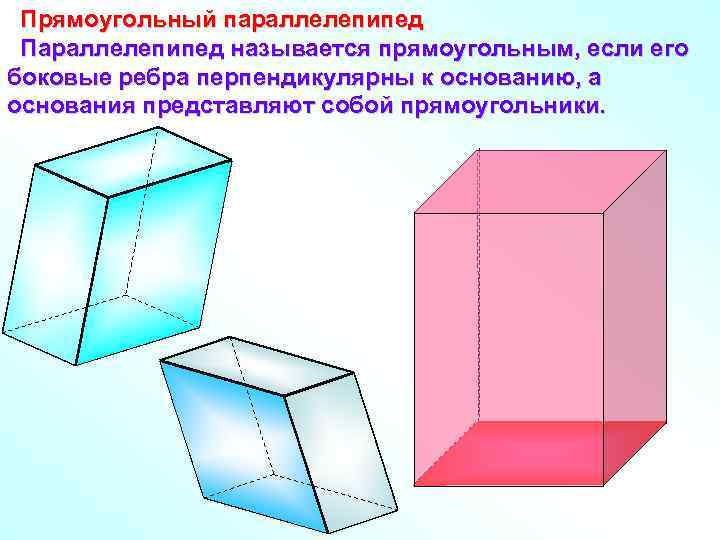 Прямоугольный параллелепипед Параллелепипед называется прямоугольным, если его боковые ребра перпендикулярны к основанию, а основания