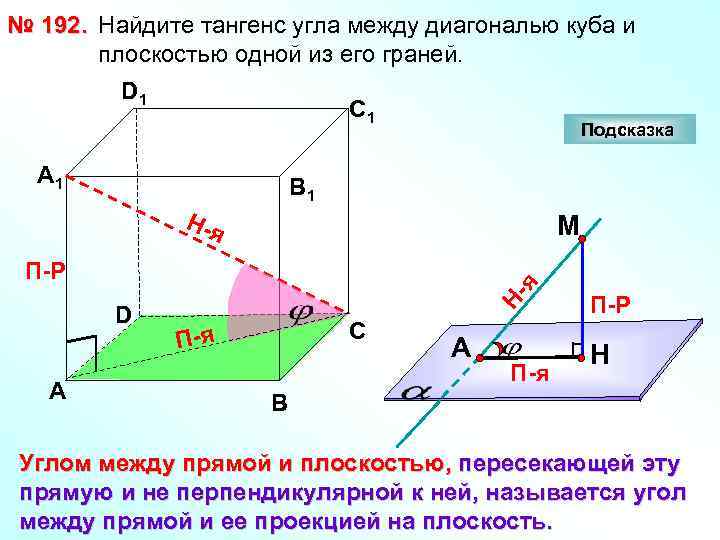 № 192. Найдите тангенс угла между диагональю куба и плоскостью одной из его граней.