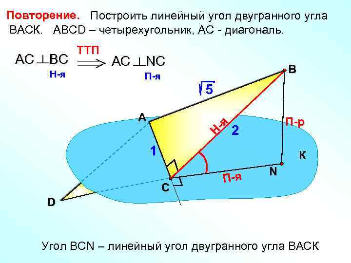 Повторение. Построить линейный угол двугранного угла ВАСК. АВСD – четырехугольник, АС - диагональ. ВС