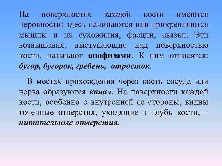 На поверхностях каждой кости имеются неровности: здесь начинаются или прикрепляются мышцы и их сухожилия,