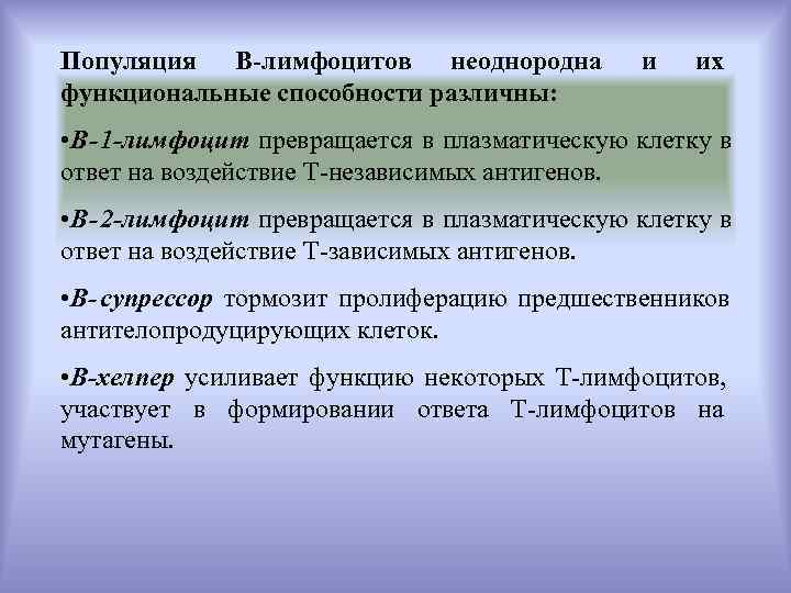 Популяция В-лимфоцитов неоднородна  и  их функциональные способности различны:  • B-1 -лимфоцит