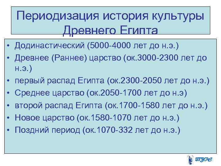  Периодизация история культуры   Древнего Египта • Додинастический (5000 -4000 лет до
