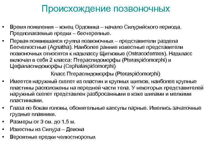 Происхождение позвоночных • • Время появления – конец Ордовика – начало Силурийского периода. Предполагаемые