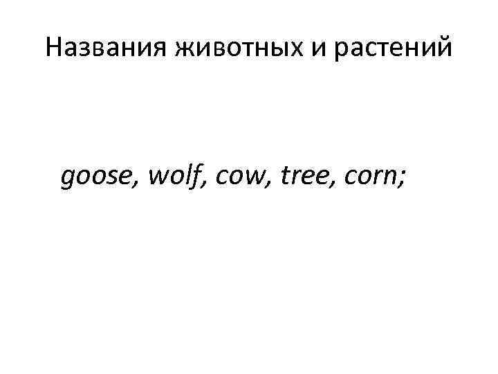 Названия животных и растений goose, wolf, cow, tree, corn; 