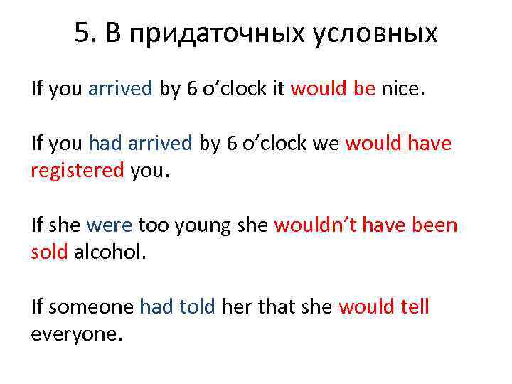   5. В придаточных условных If you arrived by 6 o’clock it would