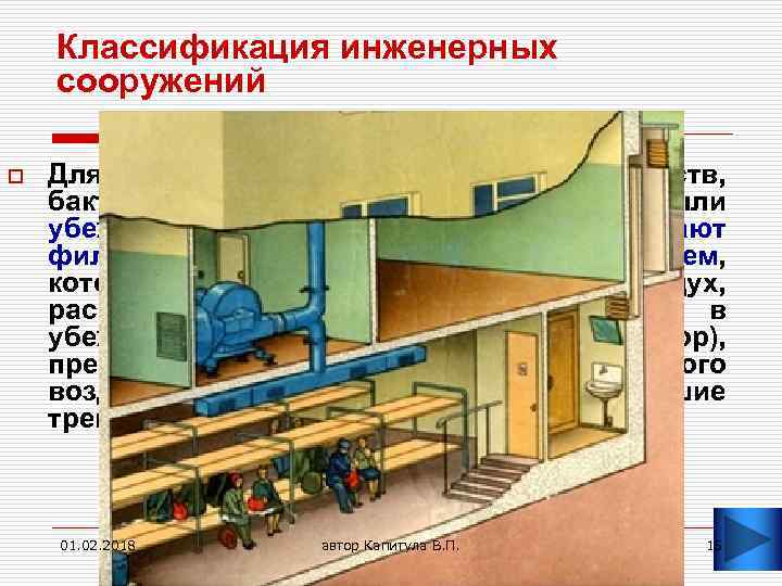 Классификация инженерных сооружений o Для защиты от отравляющих веществ, бактериальных средств и радиоактивной пыли