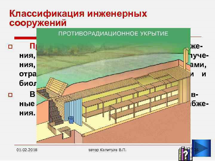 Классификация инженерных сооружений o o Противорадиационные укрытия — сооружения, защищающие от ионизирующего излучения, заражения