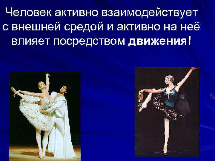 Человек активно взаимодействует с внешней средой и активно на неё  влияет посредством движения!