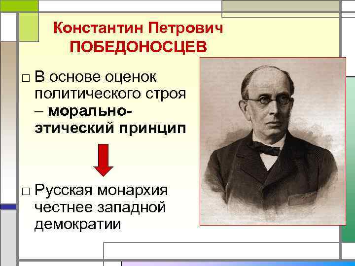   Константин Петрович  ПОБЕДОНОСЦЕВ □ В основе оценок  политического строя 