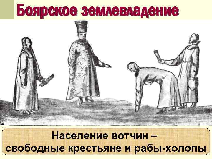 Боярское землевладение Население вотчин – свободные крестьяне и рабы-холопы 