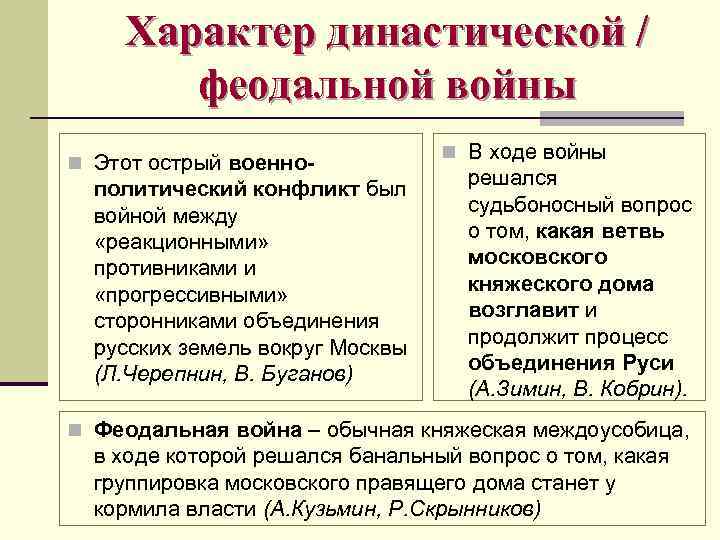 Характер династической / феодальной войны n Этот острый военно- политический конфликт был войной между