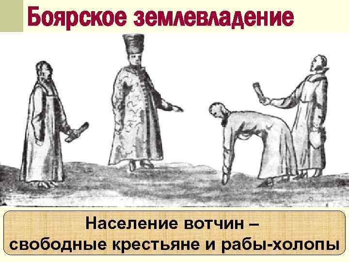 Боярское землевладение Население вотчин – свободные крестьяне и рабы-холопы 