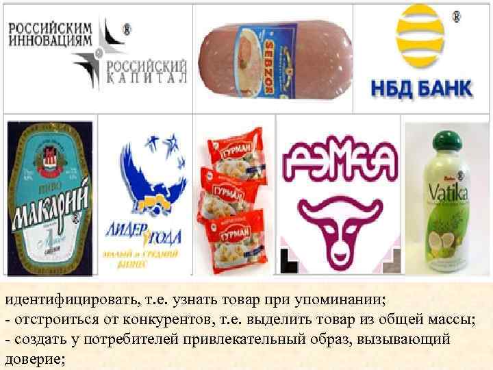 идентифицировать, т. е. узнать товар при упоминании; - отстроиться от конкурентов, т. е. выделить