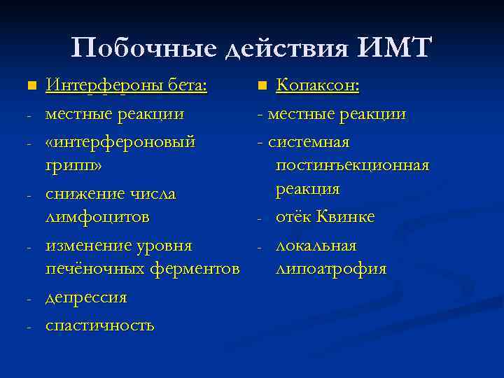 Побочные действия ИМТ n Интерфероны бета: n Копаксон: - местные Побочные действия ИМТ n Интерфероны бета: n Копаксон: - местные