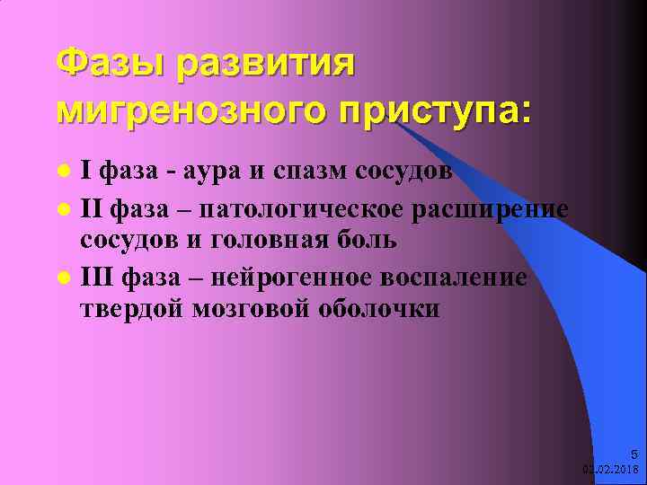 Фазы развития мигренозного приступа: I фаза - аура и спазм сосудов l II фаза