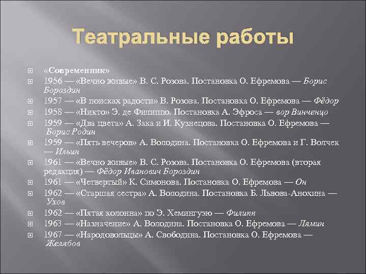    Театральные работы «Современник» 1956 — «Вечно живые» В. С. Розова. Постановка