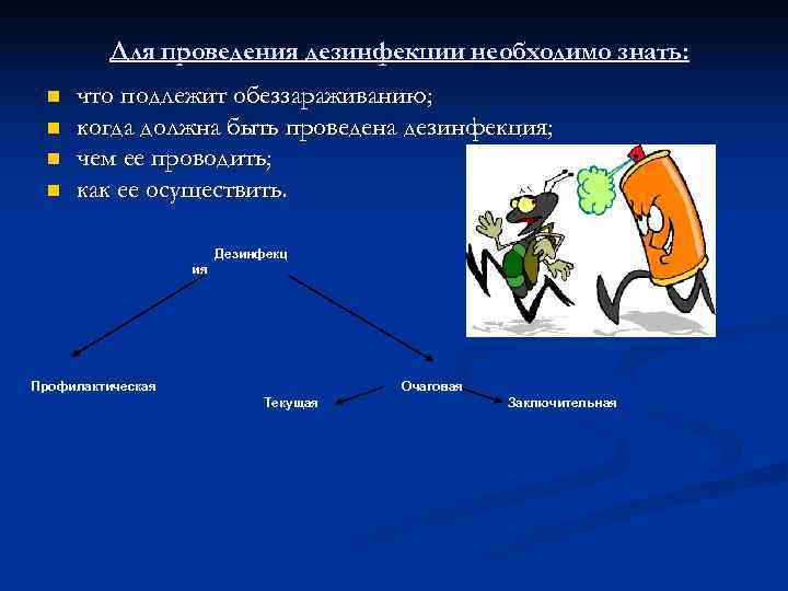    Для проведения дезинфекции необходимо знать:  n  что подлежит обеззараживанию;