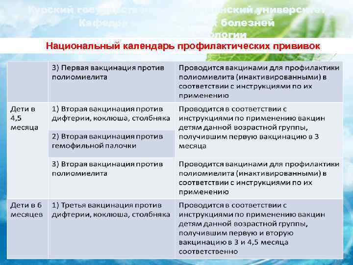 Курский государственный медицинский университет Кафедра инфекционных болезней с курсом эпидемиологии Национальный календарь профилактических прививок