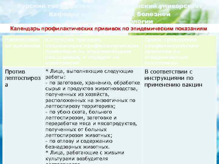 Курский государственный медицинский университет Кафедра инфекционных болезней с курсом эпидемиологии Календарь профилактических прививок по
