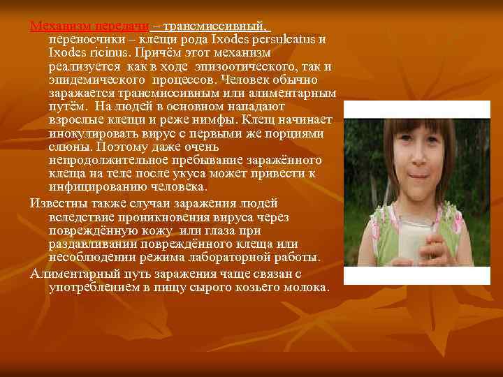 Механизм передачи – трансмиссивный, переносчики – клещи рода Ixodes persulcatus и Ixodes ricinus. Причём