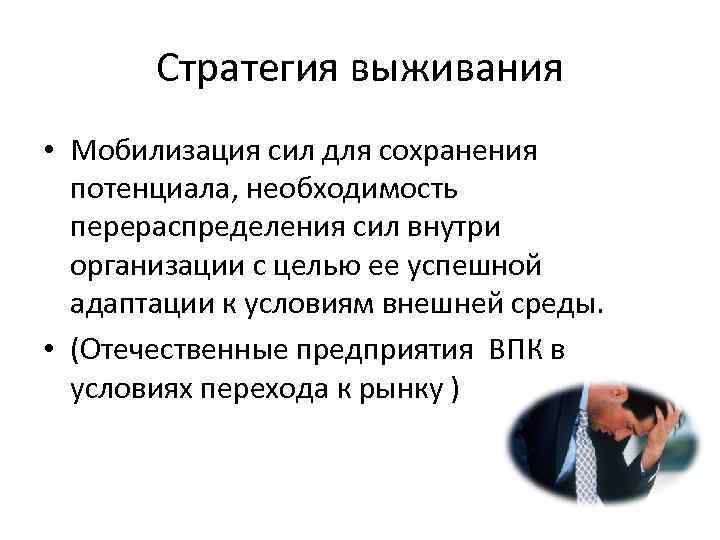 Стратегия выживания • Мобилизация сил для сохранения потенциала, необходимость перераспределения сил внутри организации с
