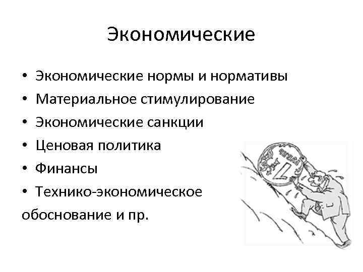 Экономические • Экономические нормы и нормативы • Материальное стимулирование • Экономические санкции • Ценовая