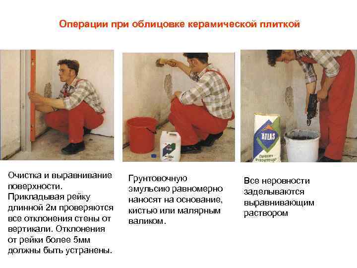 Операции при облицовке керамической плиткой Очистка и выравнивание поверхности. Прикладывая рейку длинной 2 м