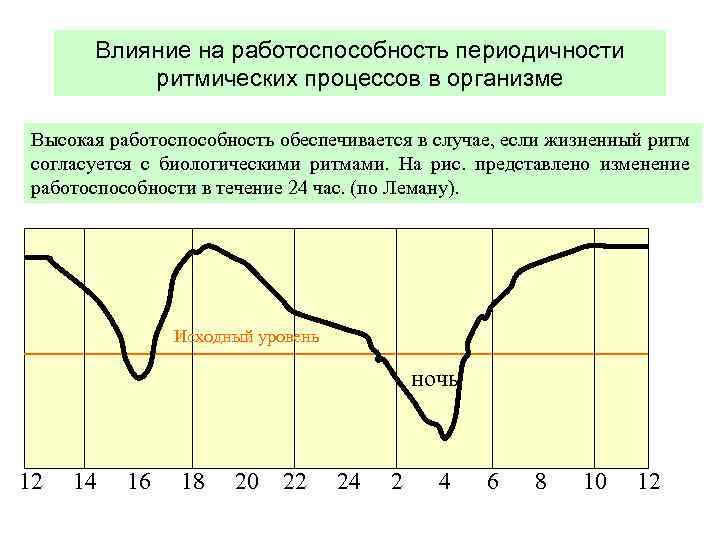   Влияние на работоспособность периодичности  ритмических процессов в организме  Высокая работоспособность
