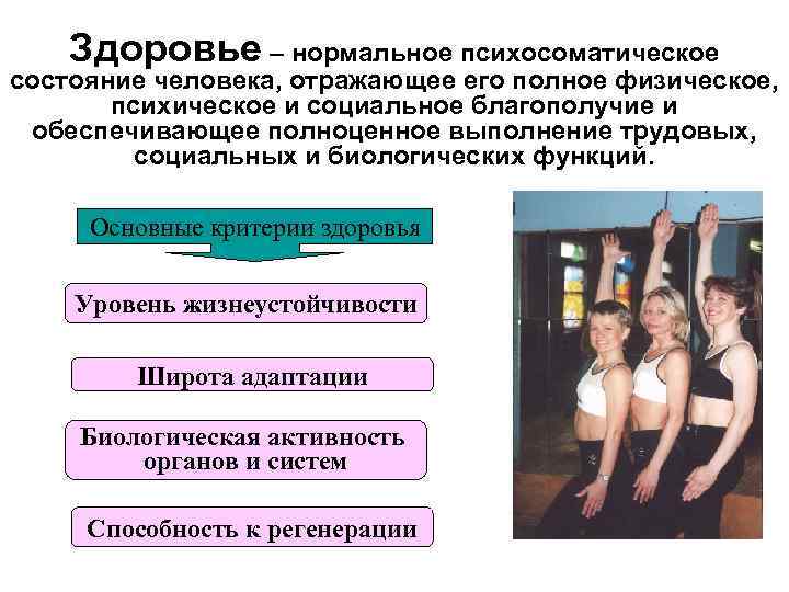   Здоровье – нормальное психосоматическое состояние человека, отражающее его полное физическое,  