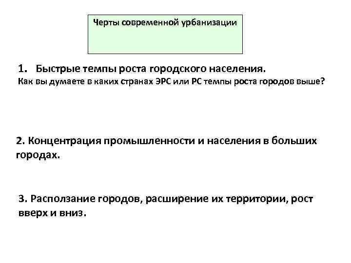 Черты современной урбанизации 1. Быстрые темпы роста городского населения. Как вы думаете в каких