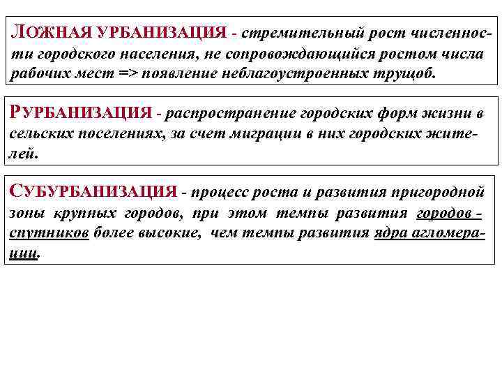 ЛОЖНАЯ УРБАНИЗАЦИЯ - стремительный рост численности городского населения, не сопровождающийся ростом числа рабочих мест