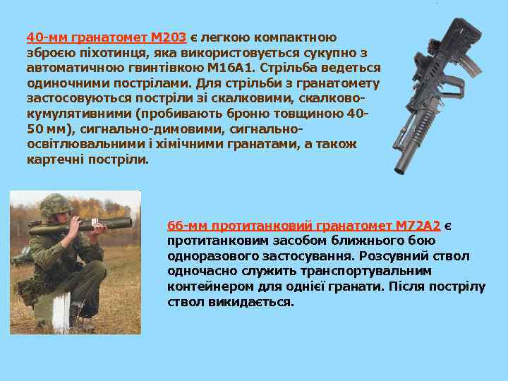 40 -мм гранатомет М 203 є легкою компактною зброєю піхотинця, яка використовується сукупно з