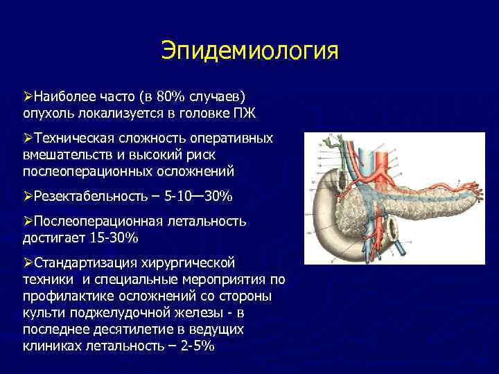 Эпидемиология ØНаиболее часто (в 80% случаев) опухоль локализуется в головке ПЖ ØТехническая сложность оперативных