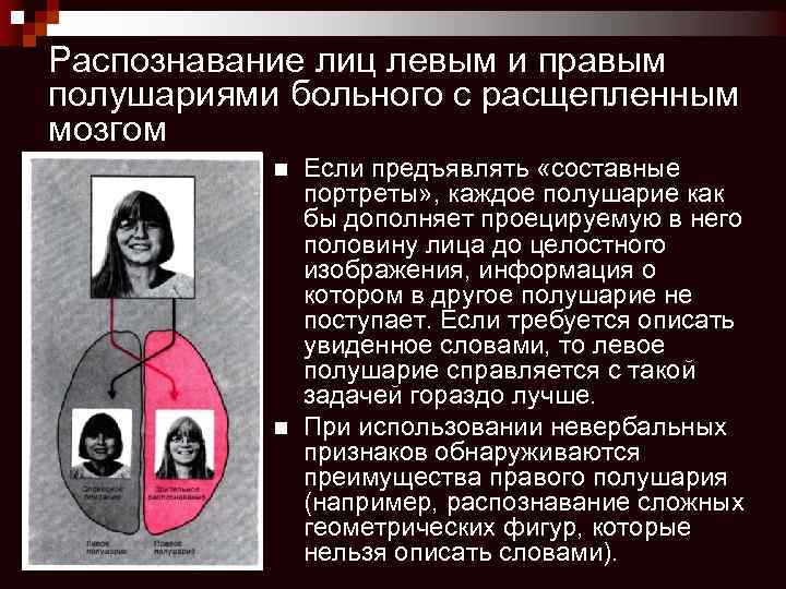 Распознавание лиц левым и правым полушариями больного с расщепленным мозгом n n Если предъявлять
