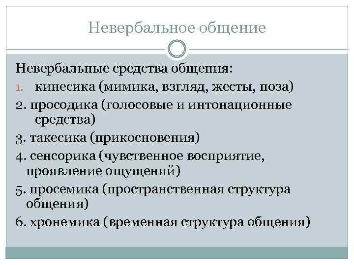 Невербальное общение Невербальные средства общения: 1. кинесика (мимика, взгляд, жесты, поза) 2. просодика (голосовые