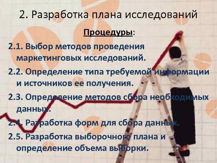 2. Разработка плана исследований Процедуры: 2. 1. Выбор методов проведения маркетинговых исследований. 2. 2.