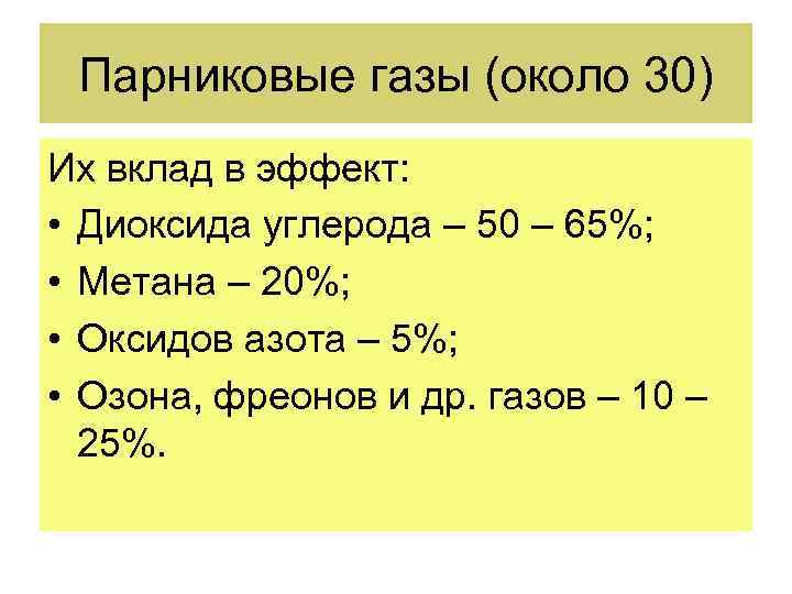 Парниковые газы (около 30) Их вклад в эффект: • Диоксида углерода – 50 –